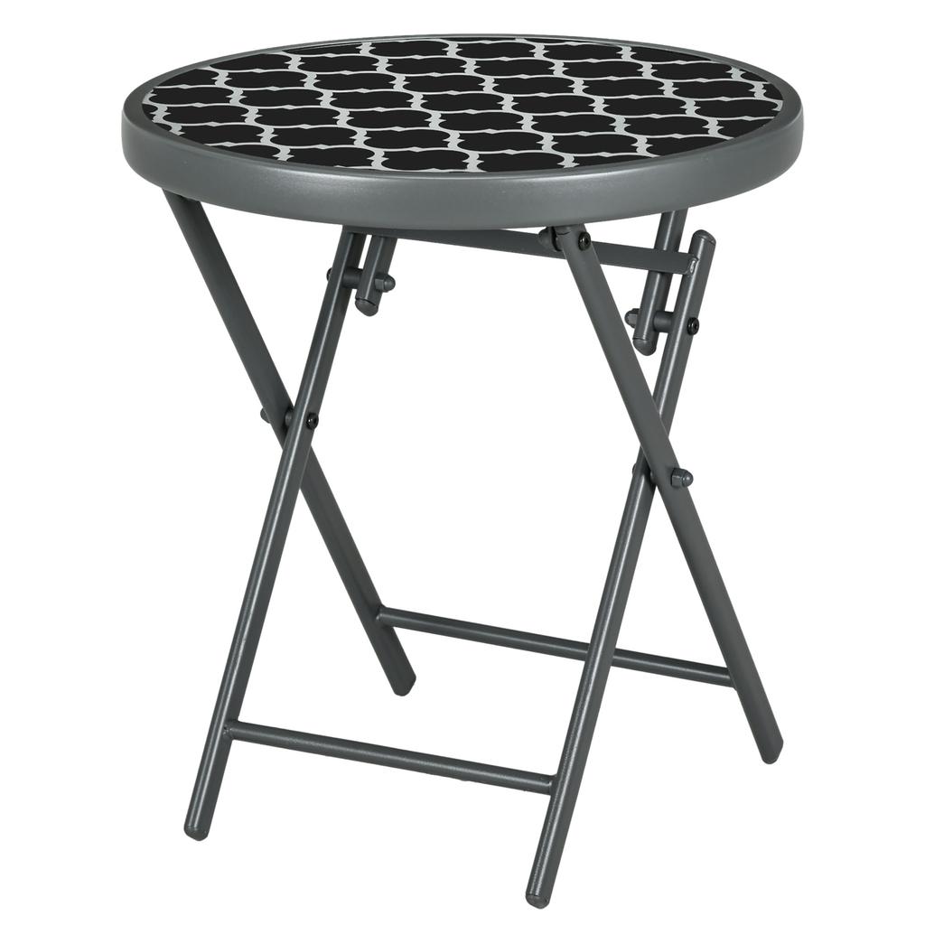 diameter 45cm Garden Side Table, Outdoor Round Folding Patio Table with Imitation Marble Glass Top, Small Coffee Table, Black and White