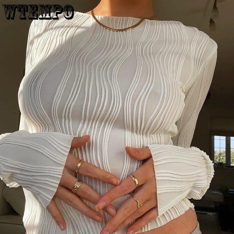 Весенне-осенние однотонные футболки с длинными рукавами и рюшами, женские повседневные белые облегающие черные базовые футболки Y2K, уличные укороченные топы