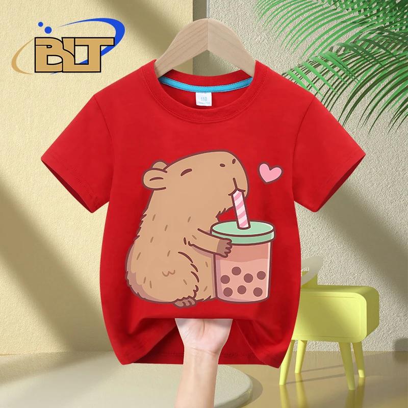 Милая детская футболка с принтом Capybara Loves Bubble Tea, летние детские повседневные топы из чистого хлопка с короткими рукавами, подарки для мальчиков и девочек