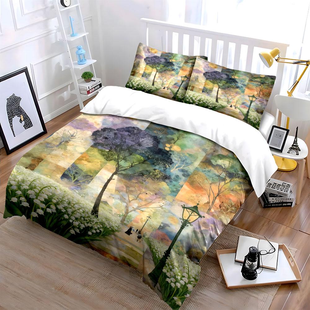 Colorful trees and lampposts. Bedding sets Duvet cover sets Duvet covers Pillowcases(1 * Duvet Cover 2 * Pillowcases without duvet insert)