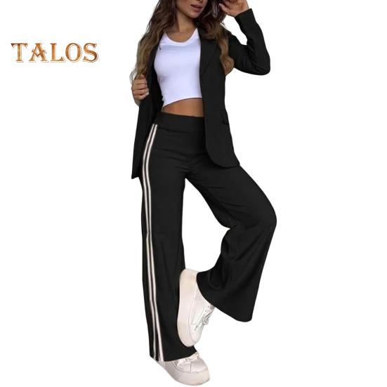 Комплект из 2 предметов: пальто и брюки для леди, отложной воротник, длинные рукава, свободные полосатые брюки с широкими штанинами, повседневная одежда для поездок на работу