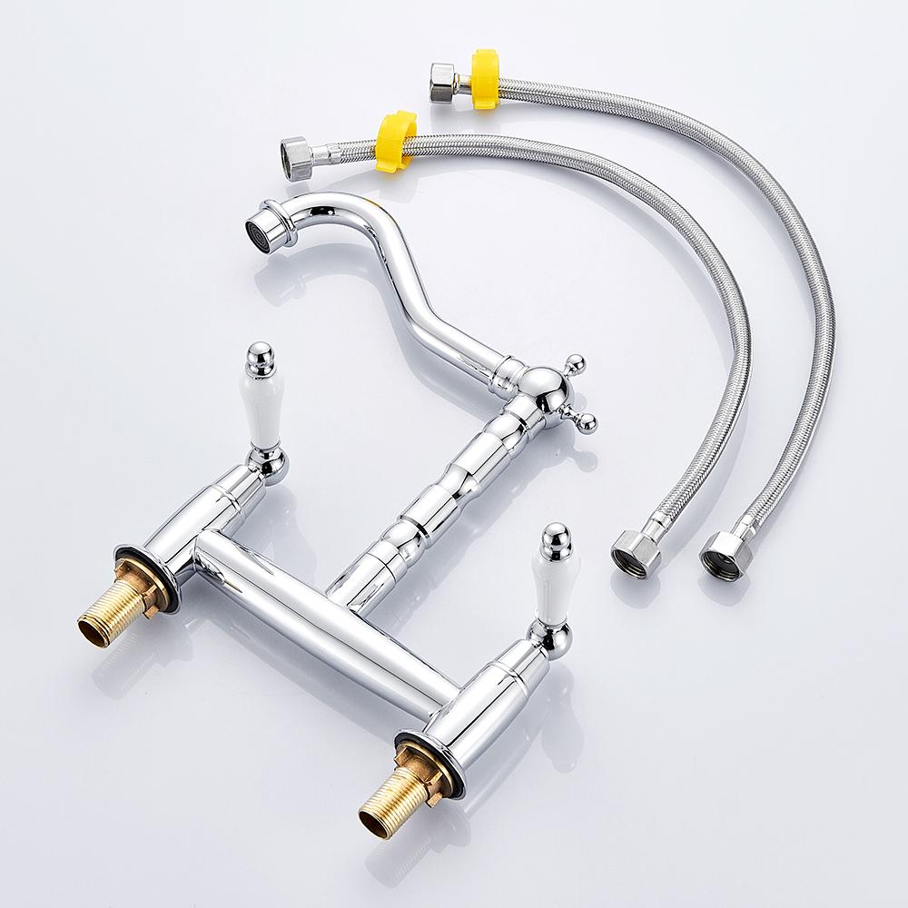 Смеситель для кухни с керамической ручкой, европейский стиль, полностью латунный, ретро, с двумя отверстиями, двухрычажный смеситель для ванной комнаты, смеситель для кухонной мойки