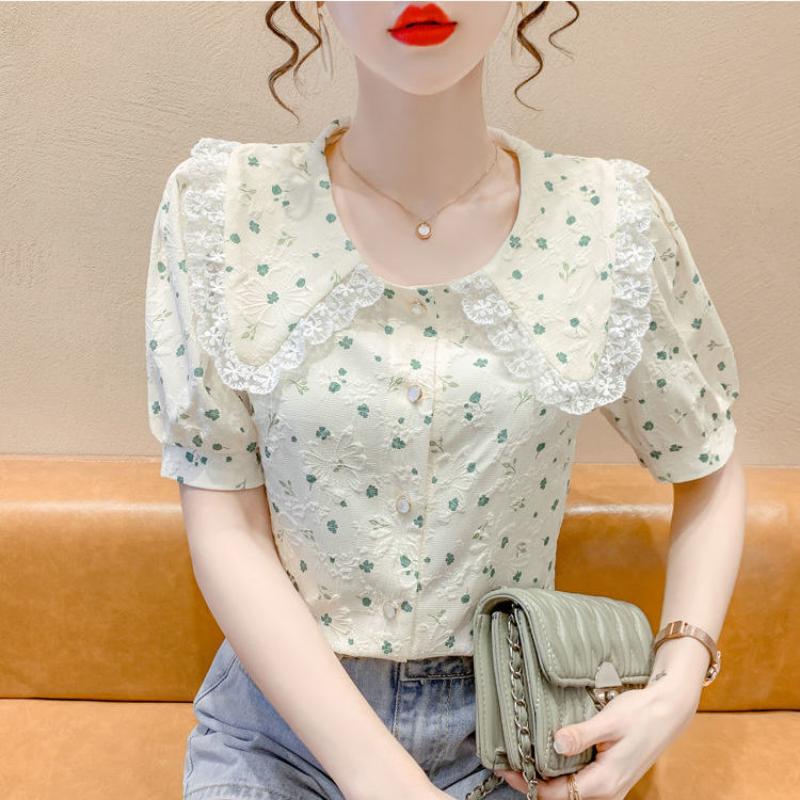 Летние женские топы с короткими рукавами и цветочным принтом, дизайнерские нишевые рубашки с короткими рукавами и милым кукольным воротником