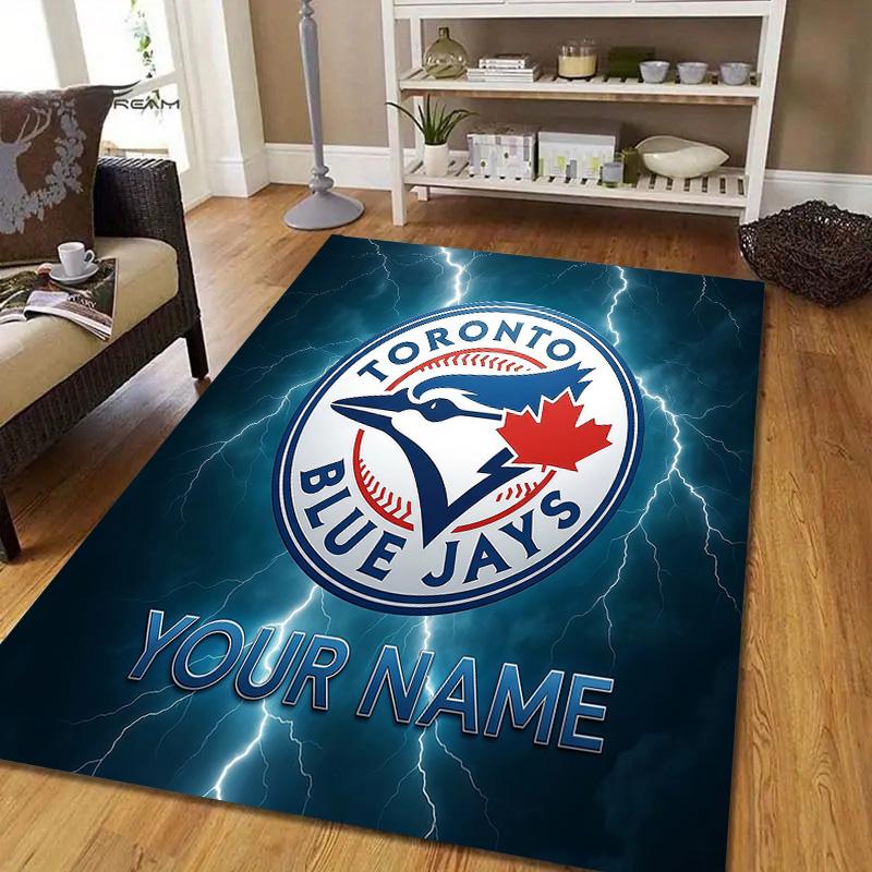 Custom Name Toronto Blue Jays Flannel Pattern Square Carpet,Area Rug,Carpet Rug for Living Room Bedroom Sofa Playroom Decor,Non-slip Floor Mat
