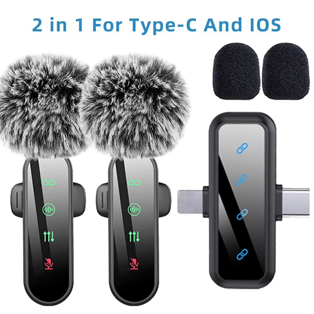 Pink 1 in 4 Lavalier Microphone Noise Cancelling Wireless With Wind Muff Lapel Mic For iPhone Android Camera 4 Pack LED Display 6