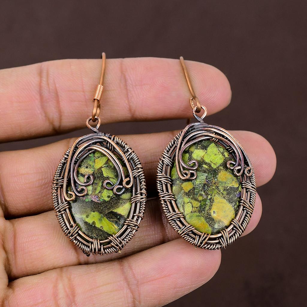 Copper Green Turquoise Handmade Copper Wire Wrap Earring 2.56 w3P53