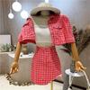 Fashion Houndstooth Suit Women Summer Short-Sleeved Shirt Irregular High-Waist Half Skirt Two-Piece Suit