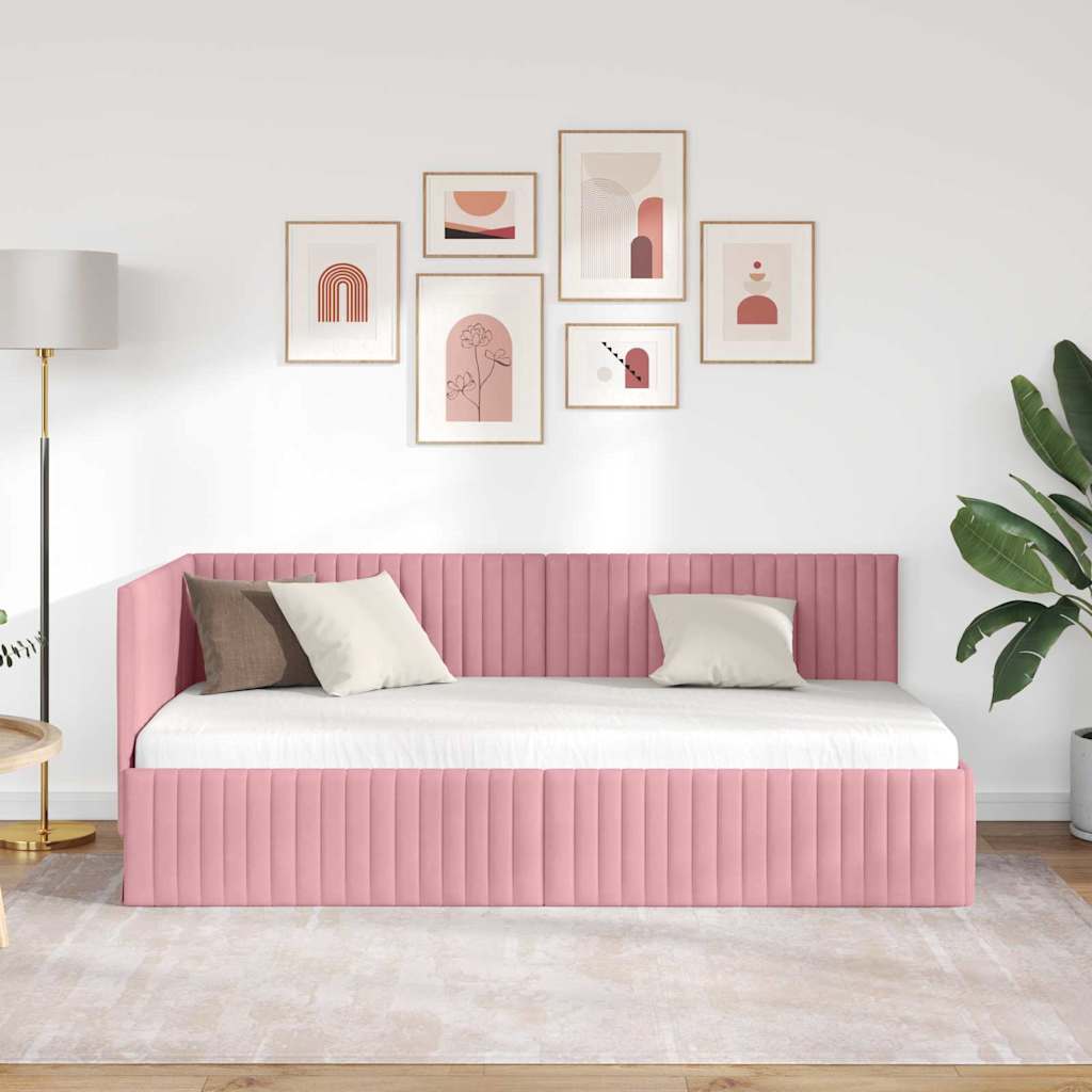 Corner Bed Frame with Headboard Pink 90 cm x 190 cm Velvet