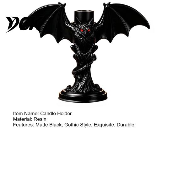 Dark Aesthetic Candle Decor Halloween Devil Bat Holder, Gothic Winged Candlestick with Tea Light Holder Red Eyes, Matte Black Sticks