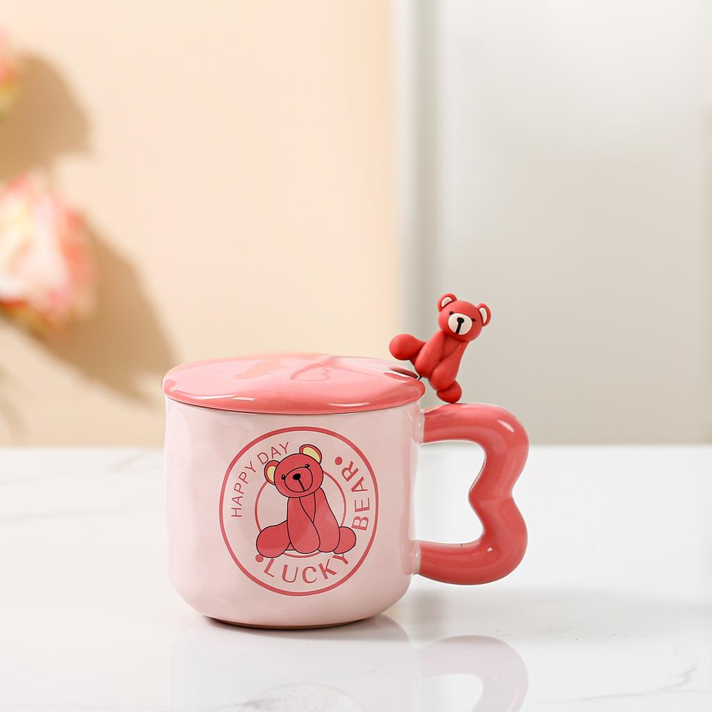Cute Cartoon Ceramic Cup Powder Bear Mug with Lid Spoon High Looking Girl Drinking Water Cup for Home Use