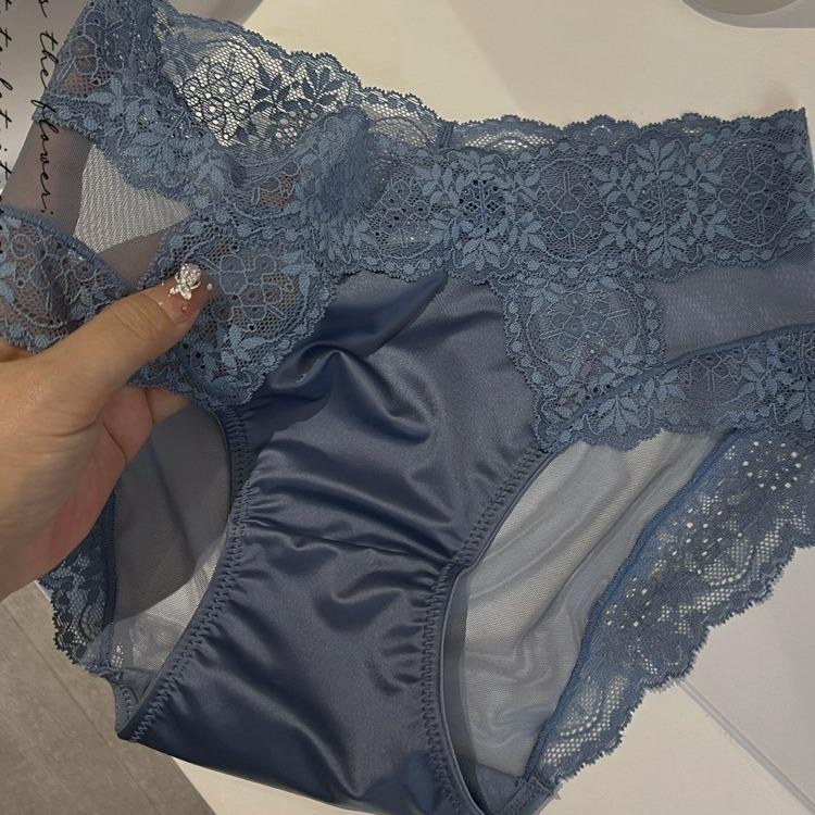 Высококачественные французские атласные кружевные трусики кремового цвета со средней посадкой для женщин - однотонные, промежность из чистого хлопка