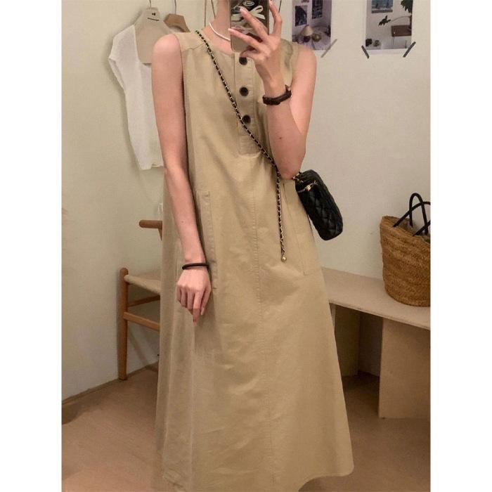 Wasteland style niche chic sleeveless vest dress women's summer loose and thin solid color versatile skirt