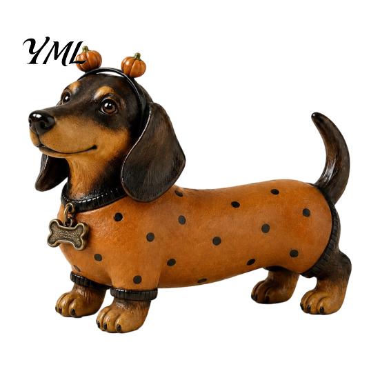 Small Ornament for Fireplace Fall Harvest Dachshund Figurine, Halloween Statue with Pumpkin Headband Polka Seasonal Window Display Accents Dot Outfit,