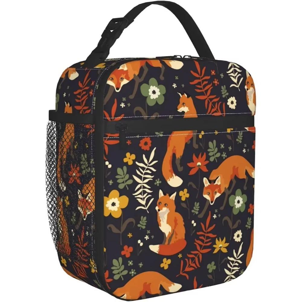 Ланч-бокс Foxes Walk In Grass and Flowers, оранжевый, изолированный, с лисой, охлаждающий, Bento Tote для работы, школы, пикника, пляжа