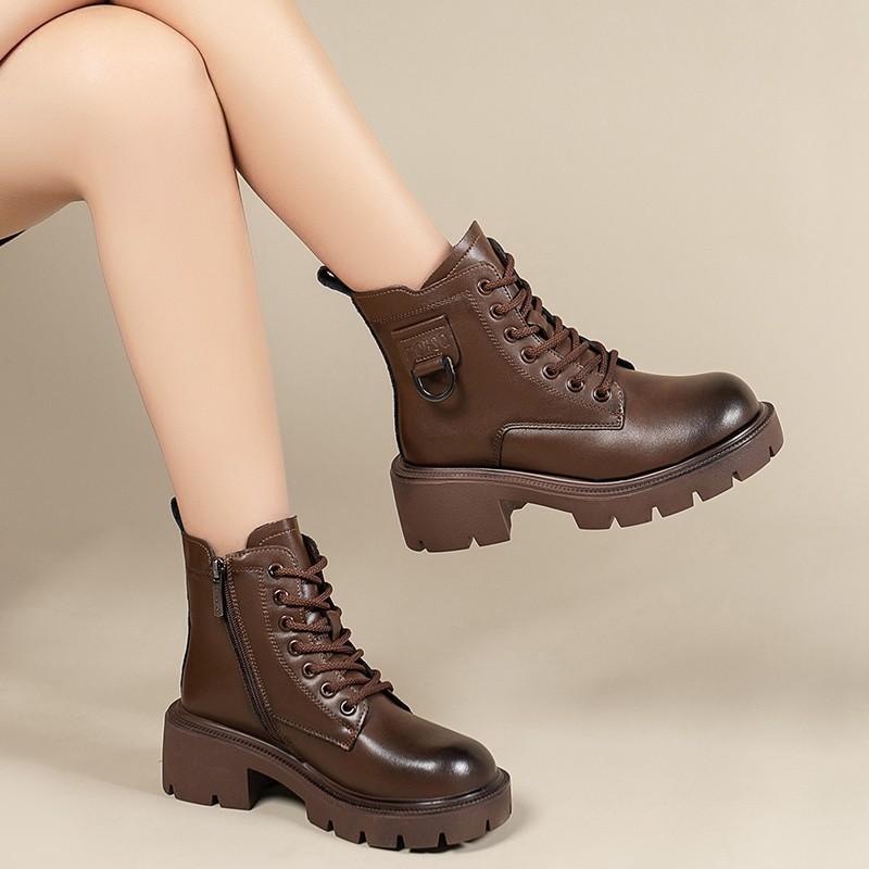 Зимние коричневые ботинки Martin женские в британском стиле 2024 года, новые мягкие кожаные туфли на платформе с завышенной талией и шнуровкой в стиле ретро