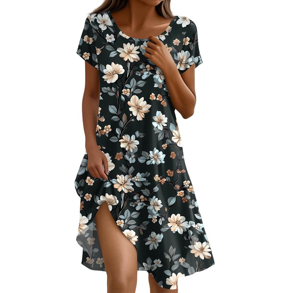 Short Sleeve Boho Dress For Women Casual Loose Fit Sundress Print Round Neck Dress With Pockets