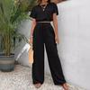 2Pcs/Set Tops Pants Set O-Neck Short Sleeve Elastic Hem Tops Casual Loose Fit Solid Color High Waist Long Trousers Set