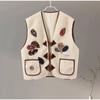 Женский жилет из овечьей шерсти с 3D-печатью, модный жилет без рукавов с V-образным вырезом и роговыми пуговицами 2024 года, новые утепленные женские майки на осень-зиму