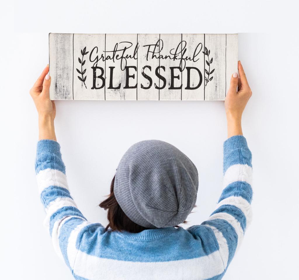 Inkdotpot Stretched Canvas Quotes Wall Art Decor-Grateful Thankful Blessed Wall Decor- 8 x 24 Rustic Wall Art Sign