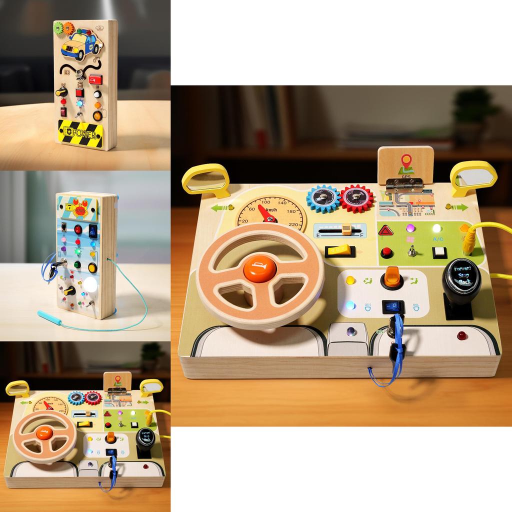 Kids Wooden Busy Board With Realistic Steering Wheel And Circuit Board For Developmental Toys