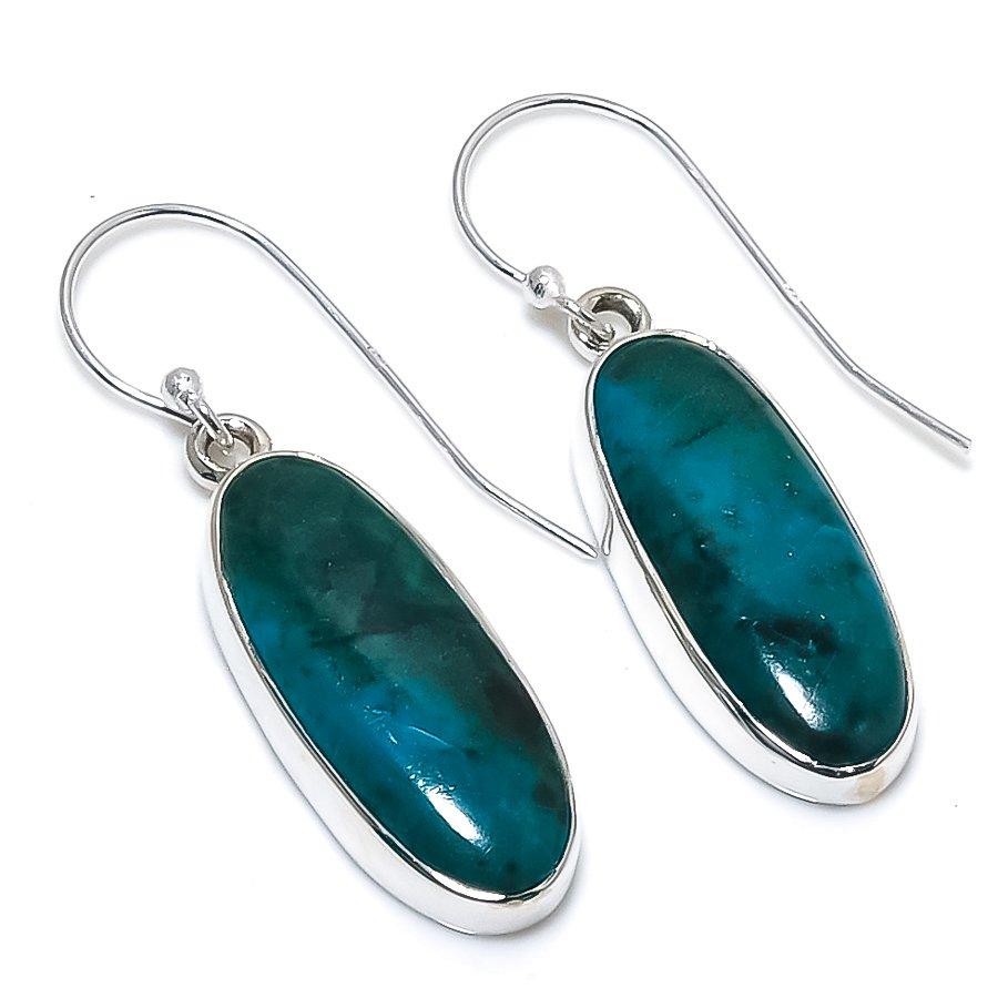 Natural Chrysocolla Gemstone 925 Solid Sterling Silver Gift Earring 1.50" K9h89