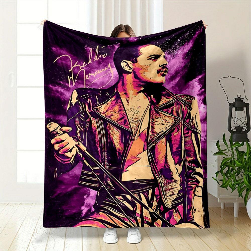 Vibrant stylized figure in a leather jacket against a cosmic purple backdrop. for all seasons blanket lunch break throw gift