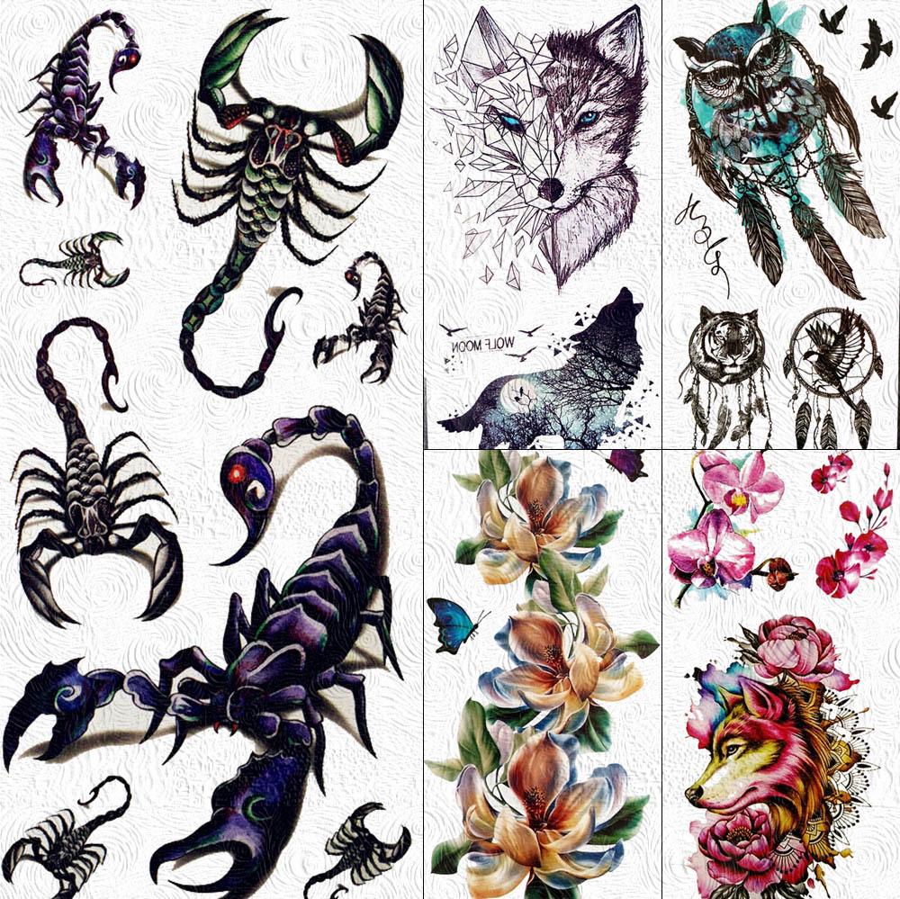 3D Scorpion Temporary Tattoos Realistic Fake Dreamcatcher Wolf Fox Owl Tatoos Sticker For Women Men