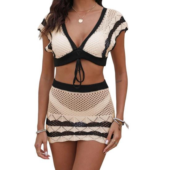 2 шт./компл. Женский купальник, комплект, V-образный вырез, ажурный вязаный крючком, топы с завязками спереди, завышенная талия