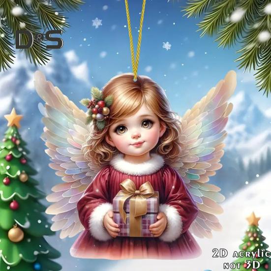 Christmas Tree Ornament with Lanyard Easy To Hang 2D Little Angel Girl Hanging Pendant Car Bag Keychain Decoration