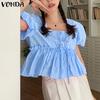 VONDA Женские летние блузки с квадратным вырезом и короткими рукавами в клетку
