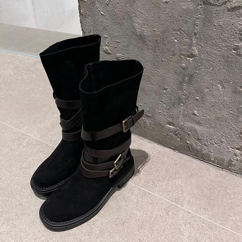 Женские ковбойские сапоги из коровьей кожи, коричневые, с пряжкой на ремне, сапоги-чулки, средние рыцарские сапоги, новые ретро сапоги с ремешками, женские