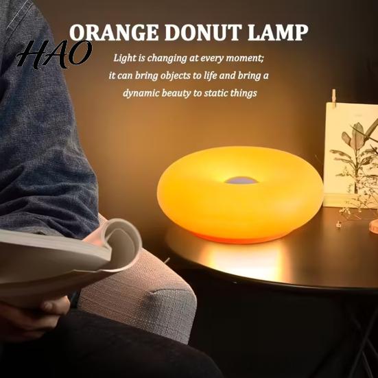Modern Decorative Night Light Donut Light, Wireless Rechargeable 2-in-1 Table Lamp with Touch Dimmer, Small Desk for Bedroom Warm Orange Glow
