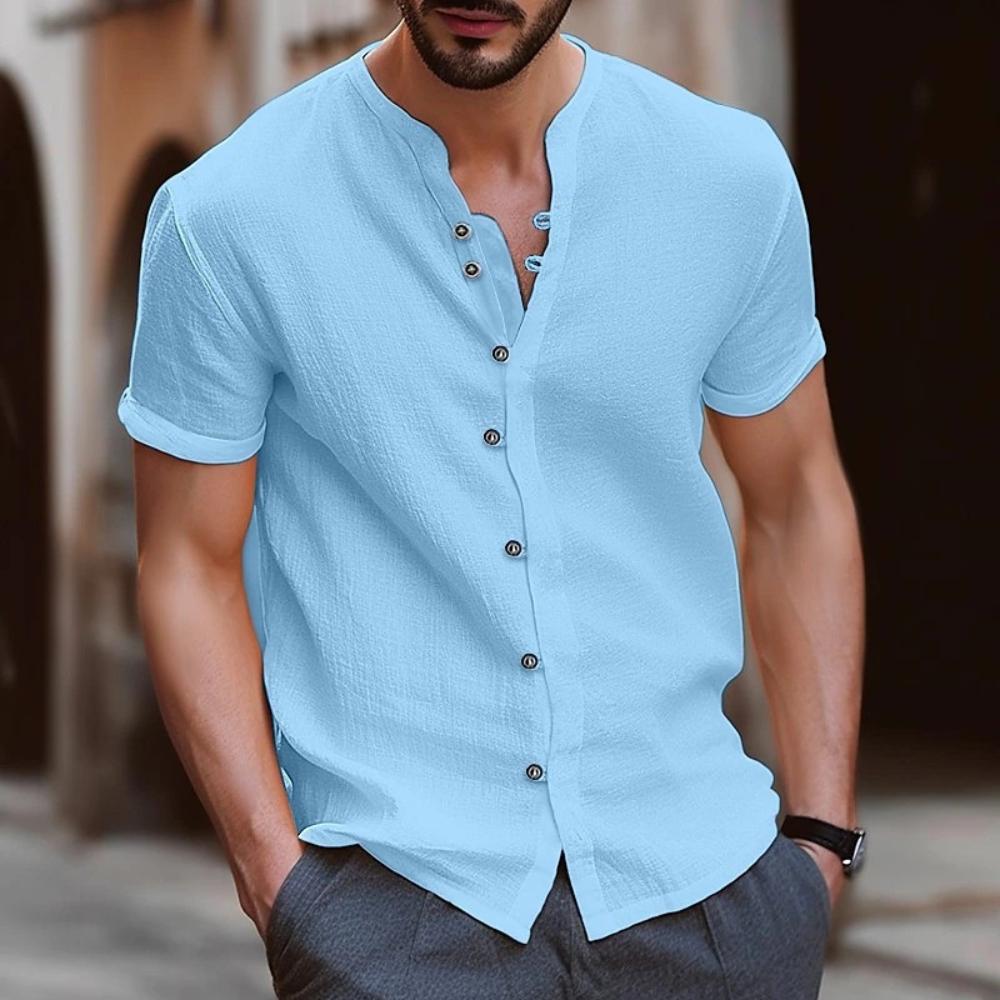 Men's Beach Style Short Sleeve Shirts Casual Loose Solid Color Retro Button Cardigan Fashion Outdoor Streetwear T-shirt