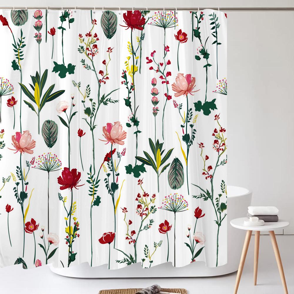 Watercolour FlowersLeaves Shower Curtain Morden Art Floral Waterproof Fabric Bathroom Curtains Room Decor Curtain With Hooks
