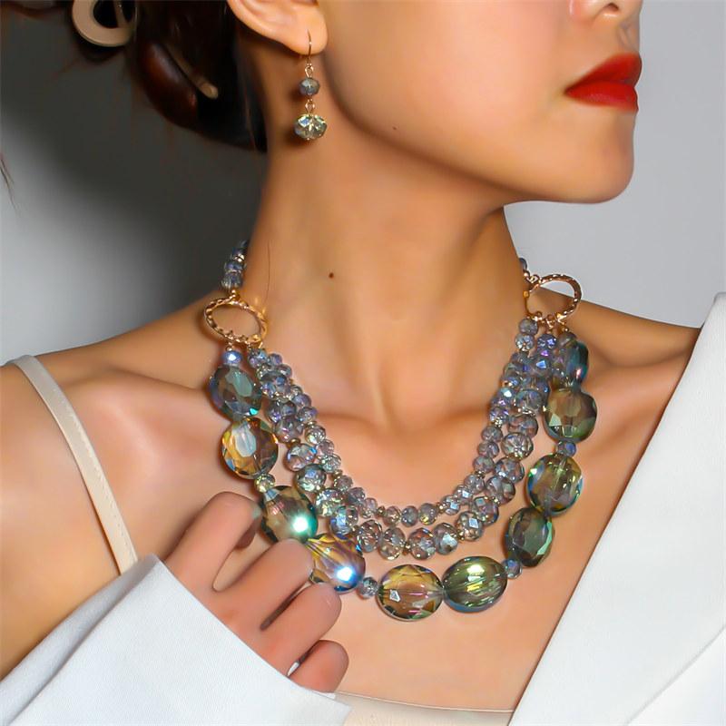 Exaggerated Crystal Multi-layer Necklace for Women Fashion Colorful Clavicle Chain Vintage Design Necklaces with Earrings GZW