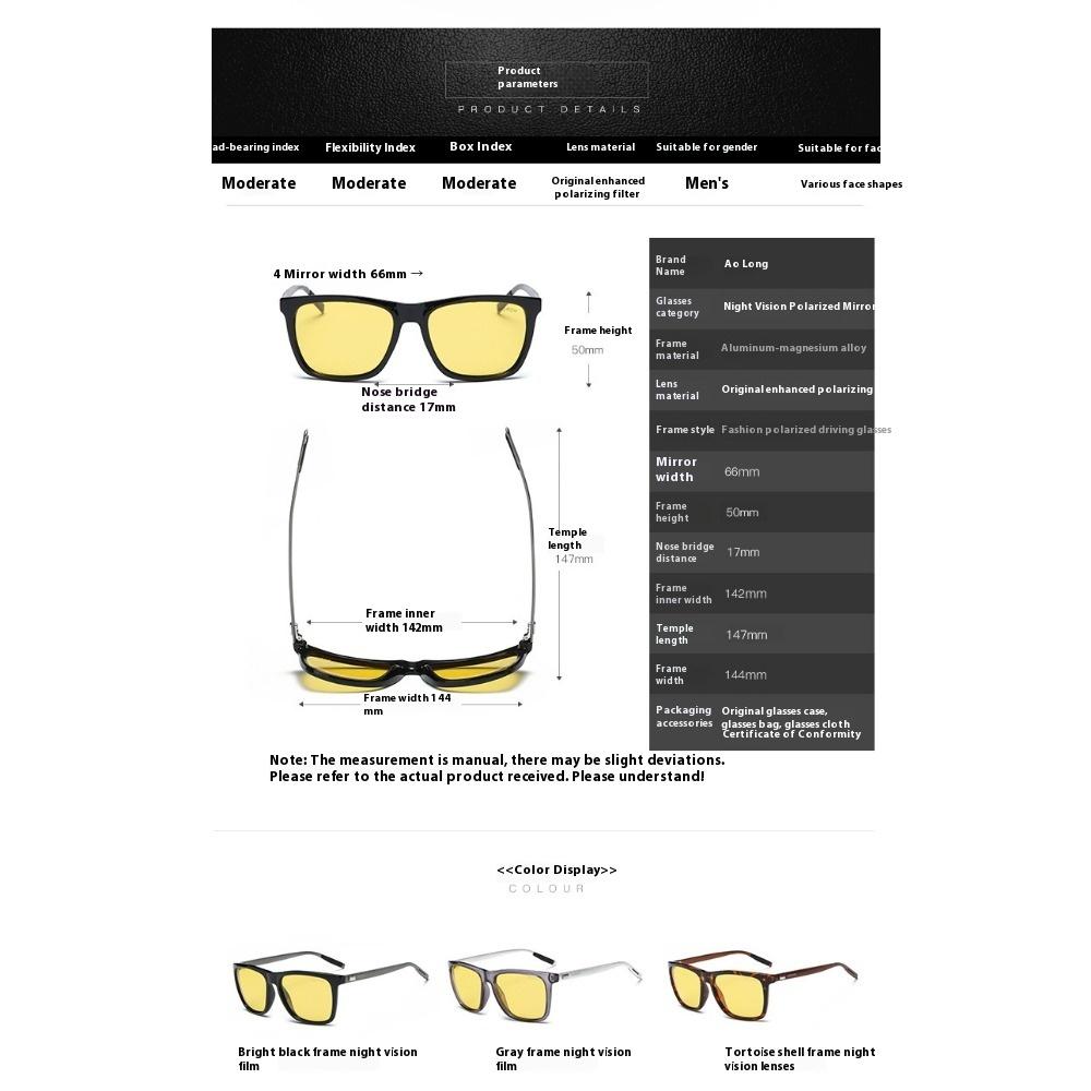 aoron Men's and Women's Polarized Sunglasses Aluminum Magnesium Glasses Legs Sunglasses Box Driving Sunglasses Night Vision