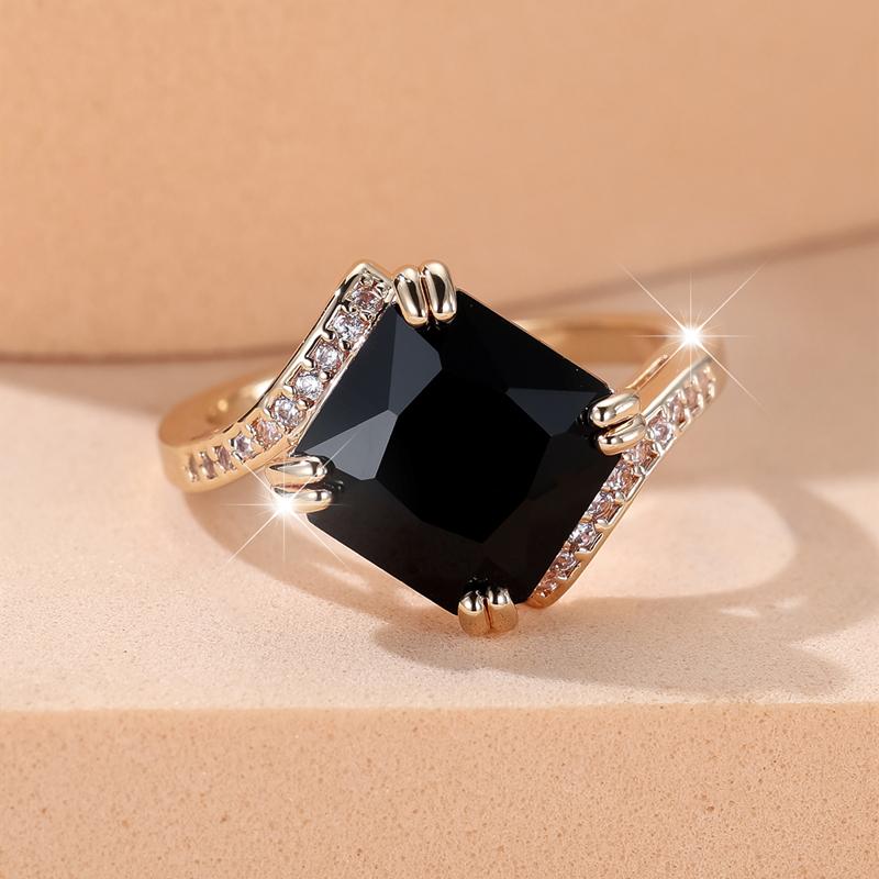 Luxury Black Square Zircon Rings for Women Vintage Gold Color Wedding Jewelry Exquisite Daily Gift