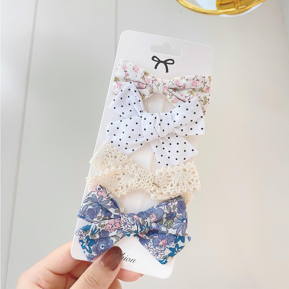 4Pcs/Set Floral Hair Clip Girl Cute Bow Flower Lace Trimming Headwear Cartoon Hair Clips Hairpin Headdress Hair Accessories Set