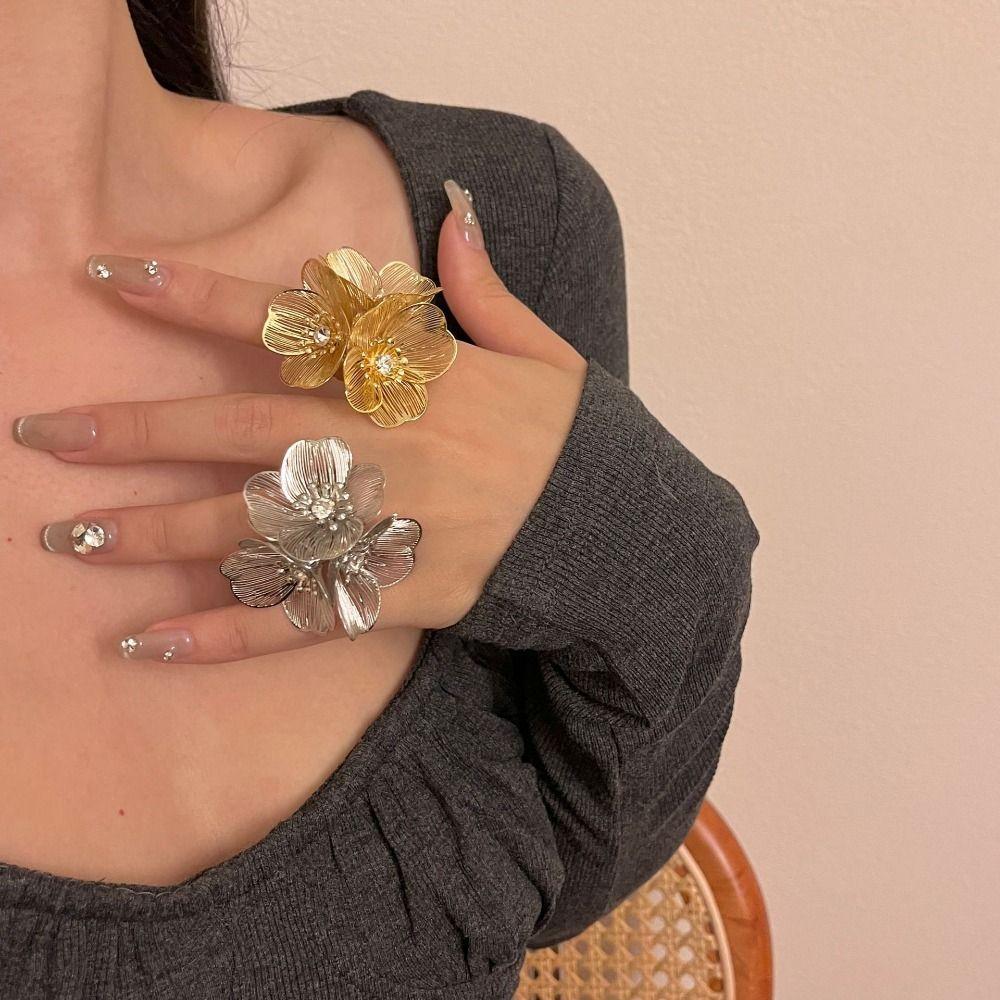 Кольцо из цинкового сплава с цветочным блеском, многослойные цветы, широкая пряжка для пальцев, для мужчин