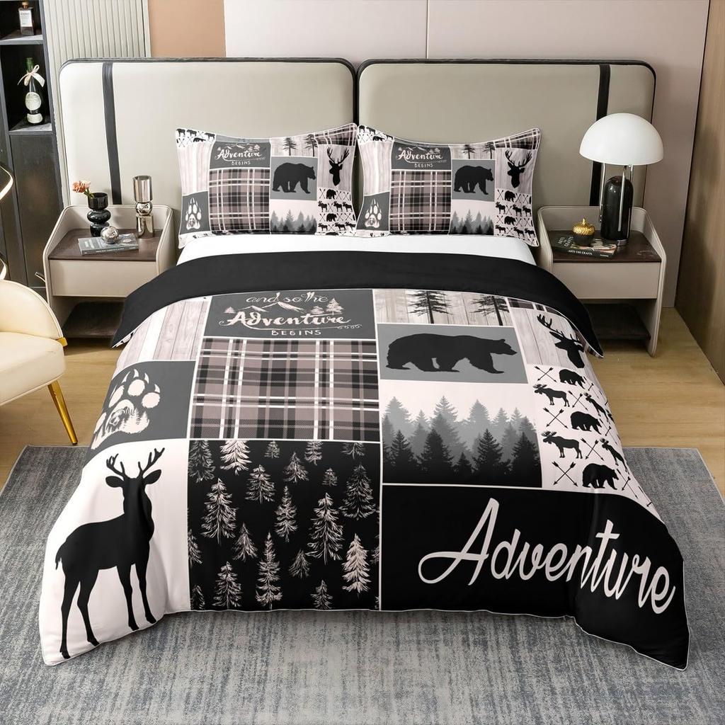 Erosebridal Hunting Deer 100% Cotton Duvet Cover Queen Size for Boys Rustic Farmhouse Bedding Set Bear Adventure Themed Comforter Cover West