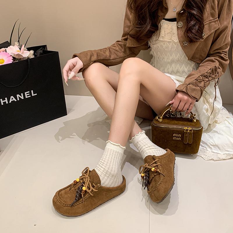 Fashion Retro Suede Fabric Slippers Women's Summer Beaded Casual Flat Shoes 2025 New Thick Slip on Mueller Slides Female Daily Loafers