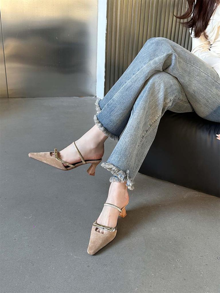 Мода Модные женские босоножки с острым носком Летние черные фиолетовые бежевые неглубокие туфли без застежек Женские туфли-лодочки Размер 35-39 Вечерние туфли-лодочки Сандалии 39