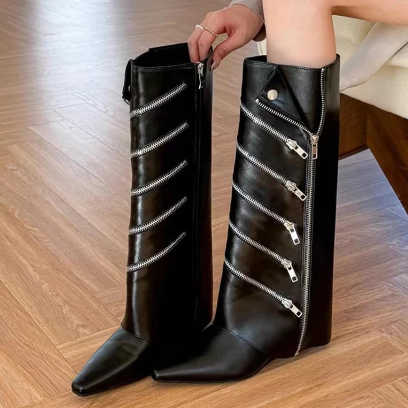 Женские высокие сапоги с острым носком, кожаные туфли, женские, зимние, новые, челси, на молнии, зимние, готические, гладиаторские, мотоциклетные ботинки 2024 года