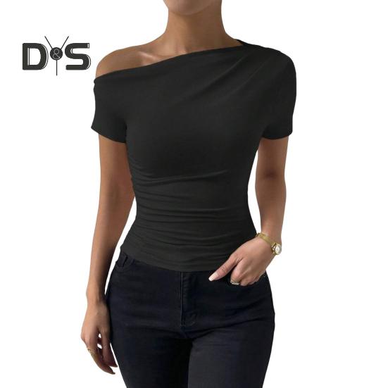 Женская летняя футболка с косым воротником и коротким рукавом, приталенная футболка, однотонный пуловер с боковыми сборками, топы