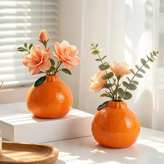 Orange Shaped Decorative Ceramic Bud Vase, Modern Fruit Design Small Hydroponic Planter for Home, Room, Office, Tabletop Decor