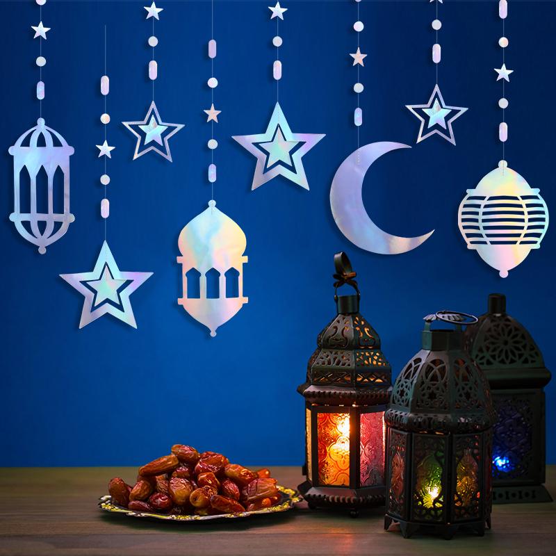 Ramadan Gold Silver Star Moon Lantern Hanging Streamer Garland Eid Mubarak Home Decoration 2025 Muslim Islamic Party Supplies