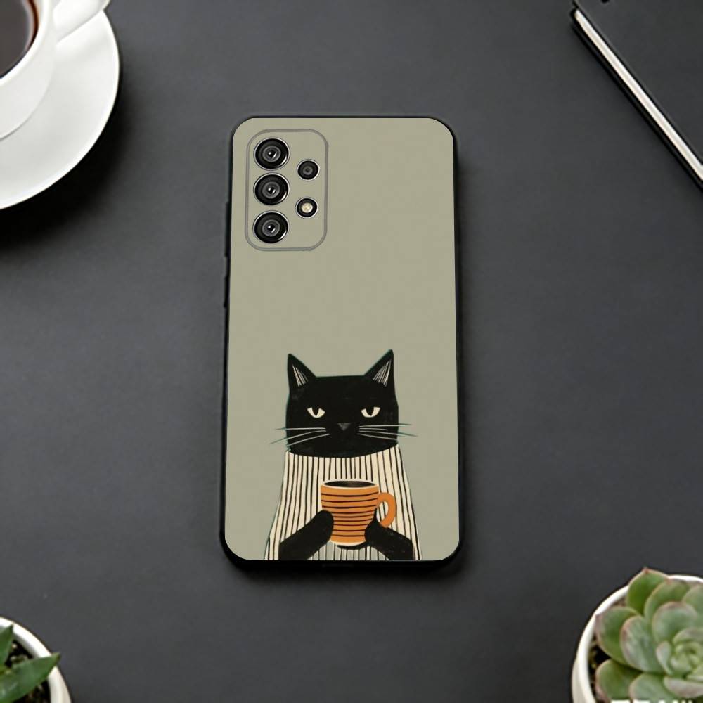 Чехол для телефона "Ленивый кот с кофе" Черный силикон Мягкий Для Samsung S25,S24,S21,S22,S23,S30,Ultra,S20,Plus,Fe,Lite