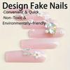 1box/24pcs Glossy Pink Rectangle Artificial Nail, Romantic Press On Nails With 3d Flower, Butterfly, Rhinestone Design, Sweet & Cool