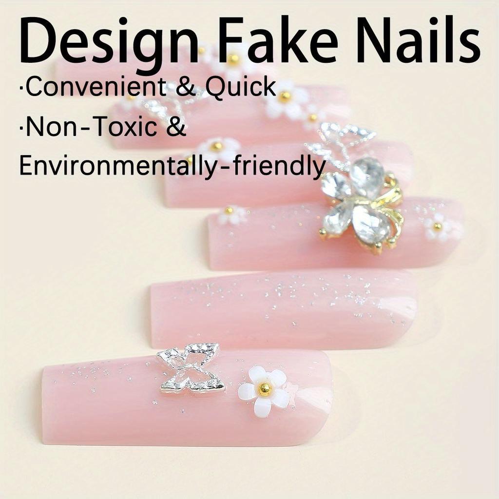 1box/24pcs Glossy Pink Rectangle Artificial Nail, Romantic Press On Nails With 3d Flower, Butterfly, Rhinestone Design, Sweet & Cool