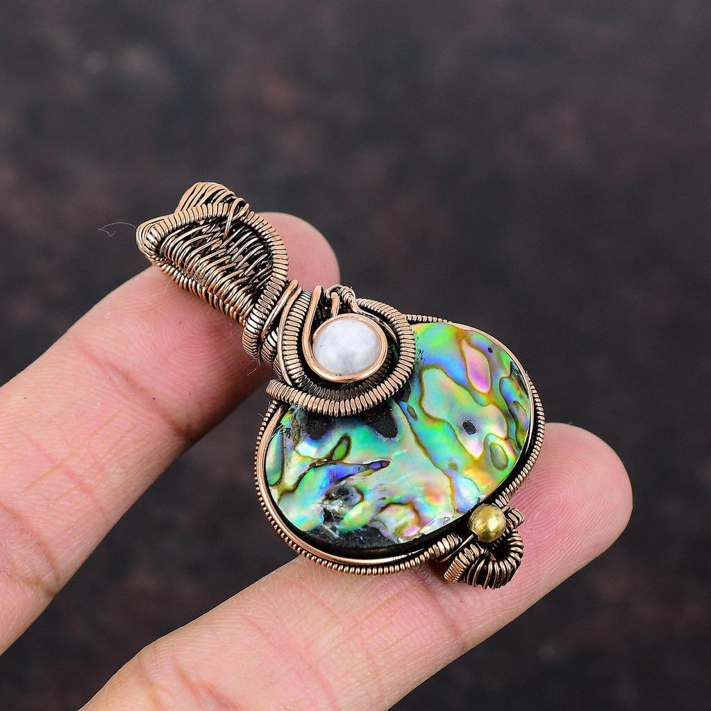 Abalone Shell Pendant Rainbow Moonstone Pendant Copper Wire Wrapped Pendant Gemstone Copper Jewelry Handmade Amazing Pendant Engagement Gift